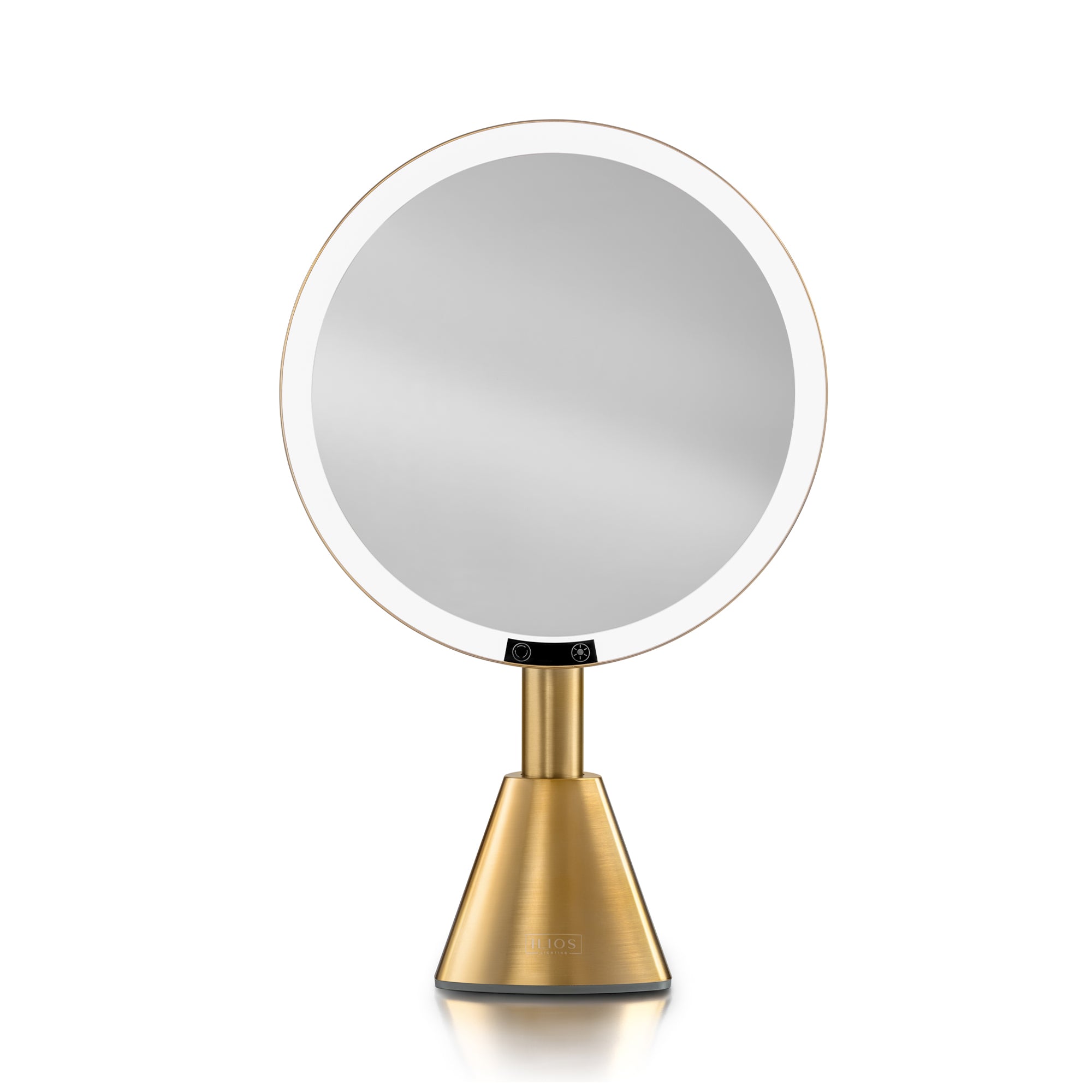 Luxury vanity mirror with light with gold base on a white background