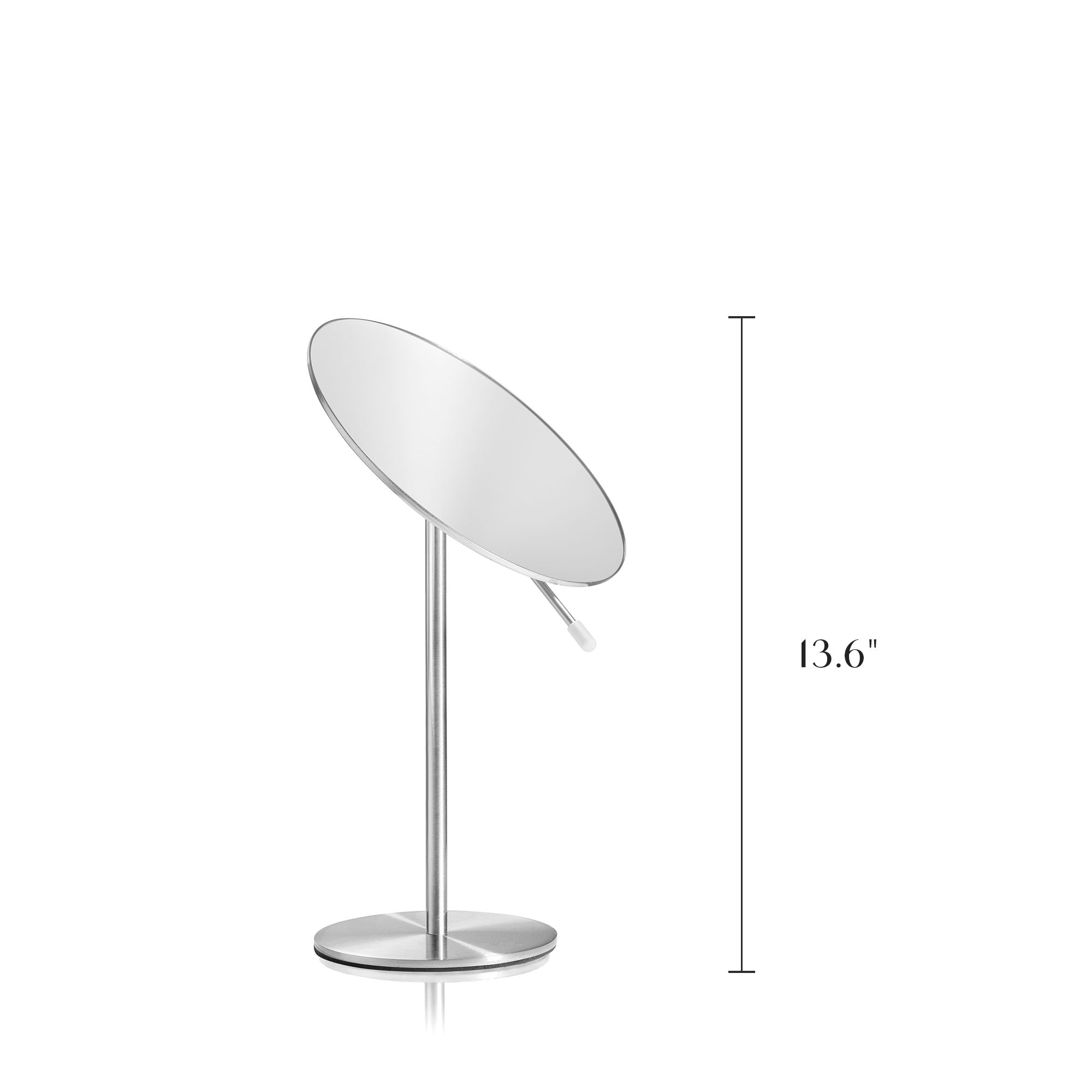 Round makeup mirror on a stand with a measurement label indicating 13.6 inches._#Silver_Silver