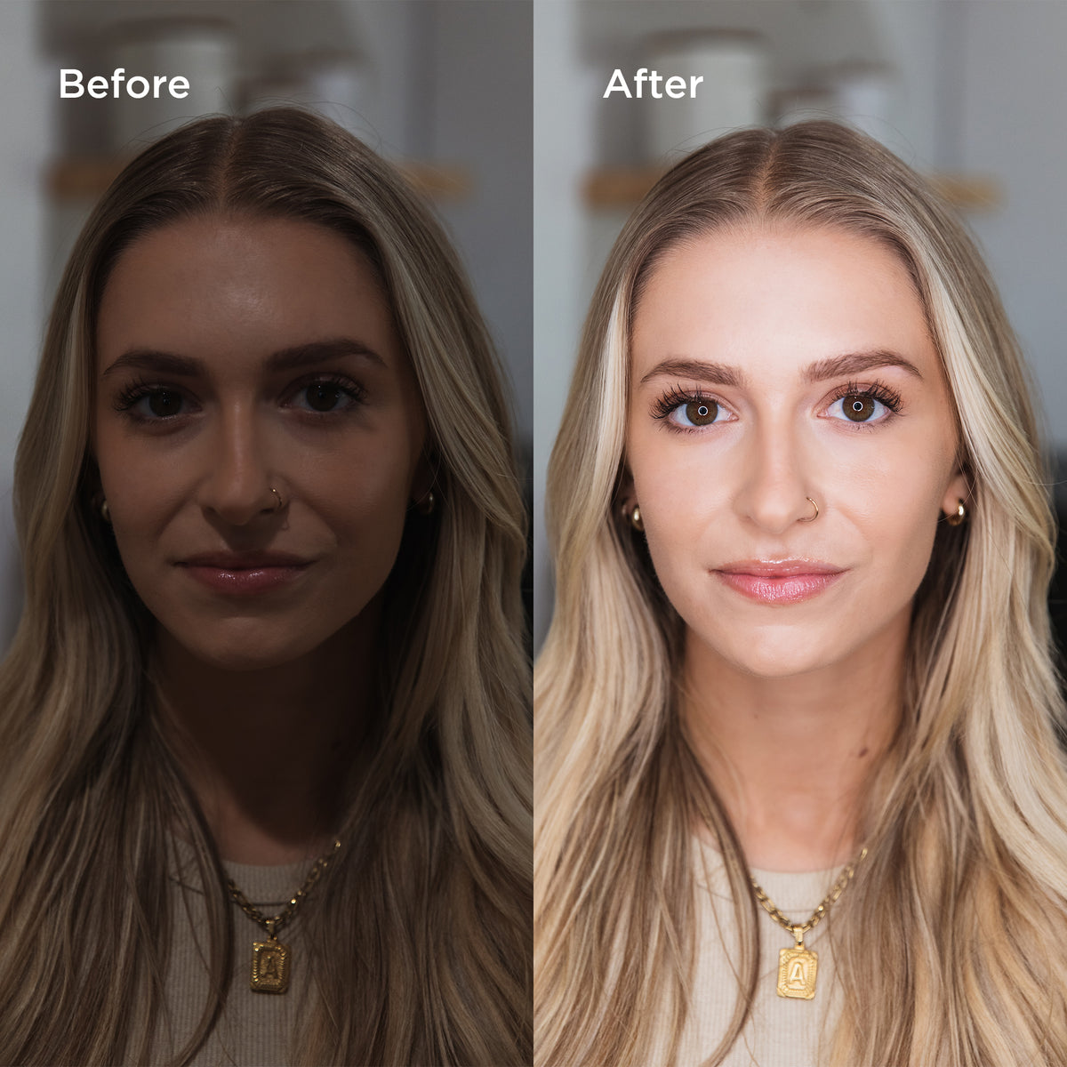 A side-by-side before and after beauty comparison of a woman with long blonde hair, showing a darker, less illuminated 'Before' portrait on the left and a brighter, more polished 'After' portrait on the right. The words 'Before' and 'After' appear at the top of each panel.