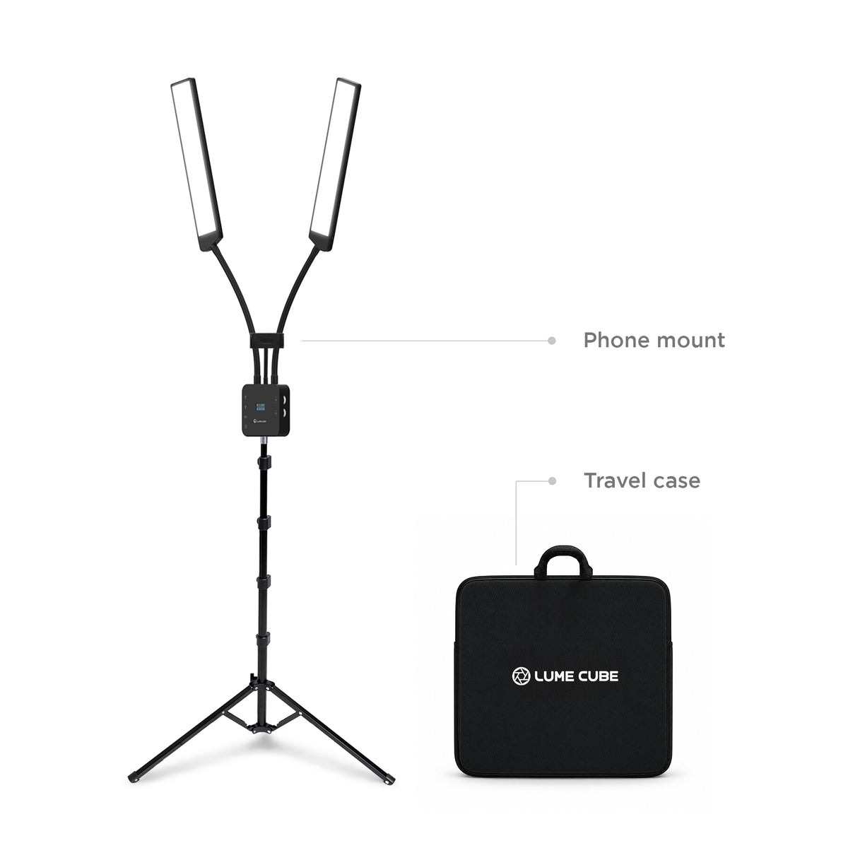 A black dual-light phone stand with a tripod base and phone mount, shown alongside a black carrying case labeled LUMECUBE. White text labels point to the phone mount and travel case on a clean white background.