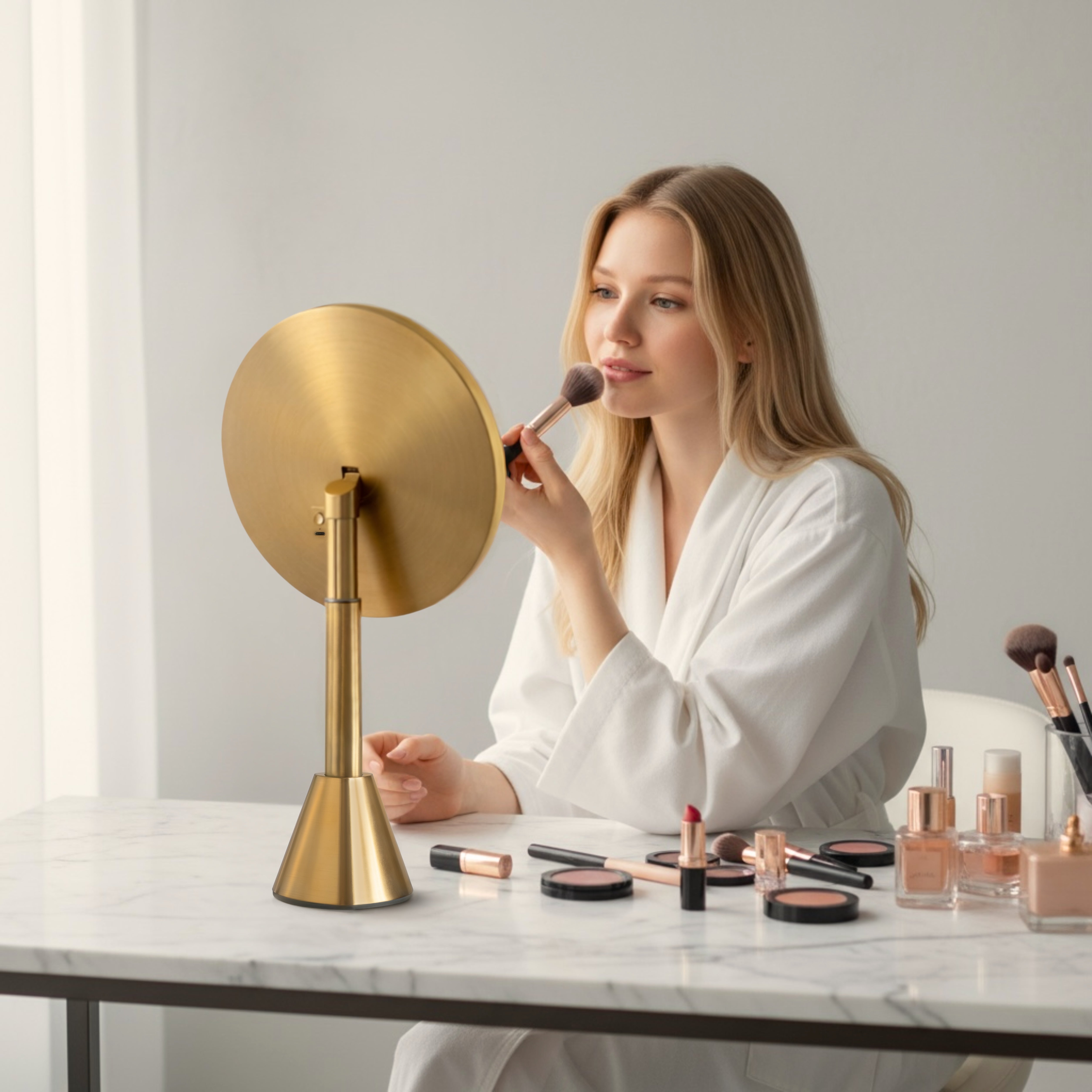 A woman in a white robe applies makeup while looking into a round gold vanity mirror on a marble table, surrounded by cosmetics.