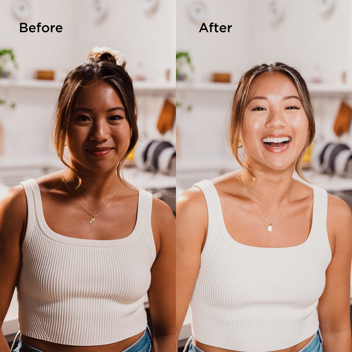 A side-by-side comparison of a woman wearing a white ribbed tank top in a bright kitchen setting. The left side shows her with a neutral expression, and the right side shows her smiling broadly.
