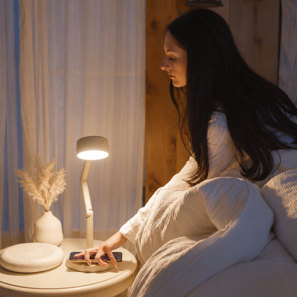 A woman in a white robe sits in bed at night, reaching toward a small bedside table lamp on a round table next to her. The room is softly lit with warm light from the lamp, with white curtains and wooden paneling in the background.