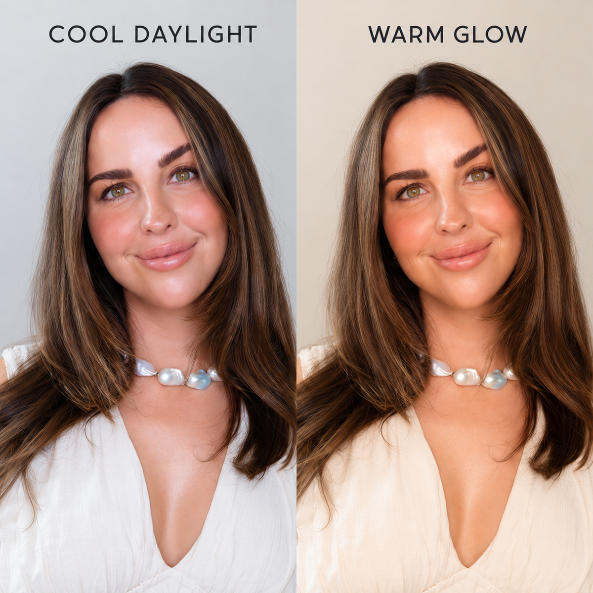 Side-by-side comparison of a woman wearing a white V-neck top and a pearl necklace under two lighting conditions labeled 'COOL DAYLIGHT' on the left and 'WARM GLOW' on the right.