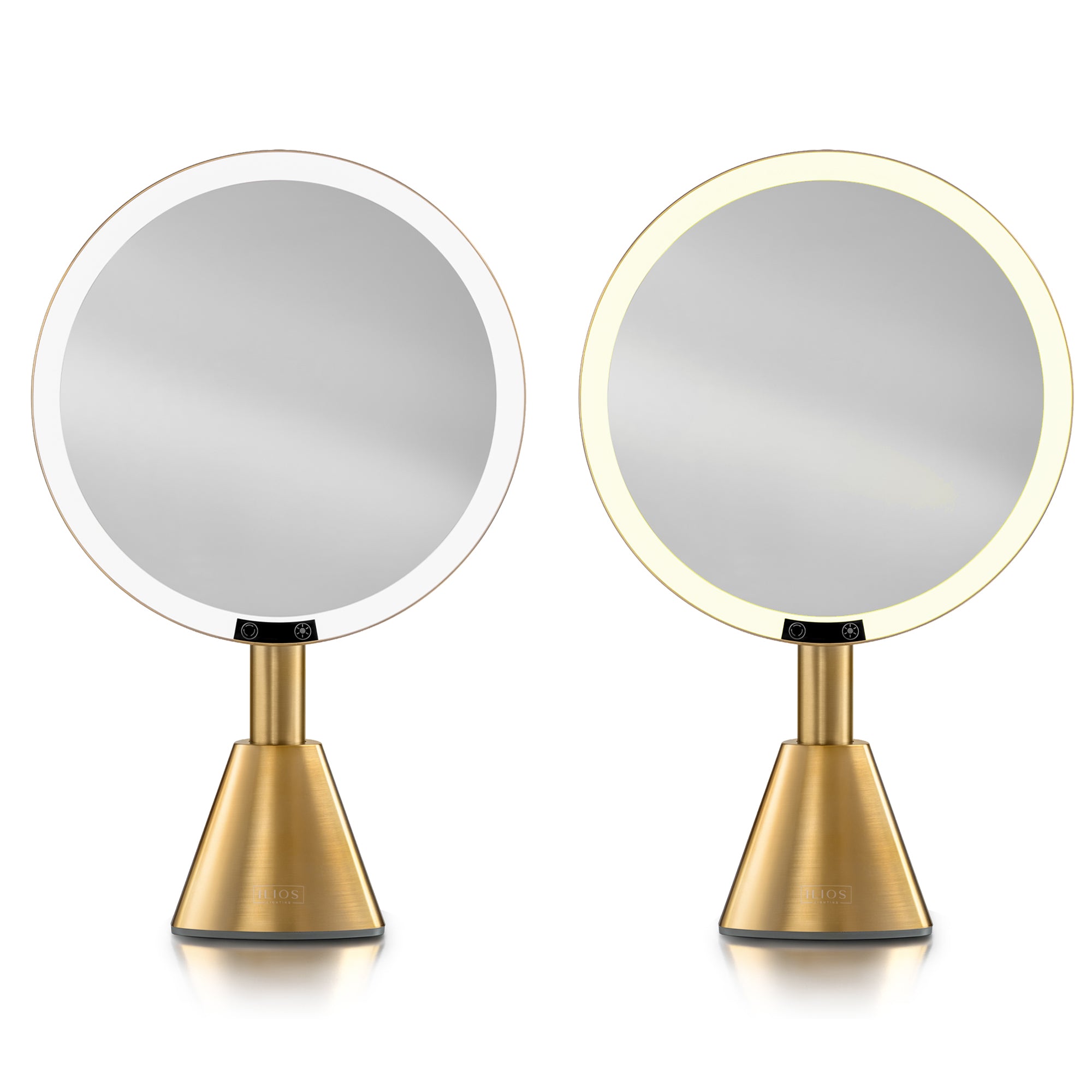 Two vanity 5x magnification mirrors with gold stands on a white background