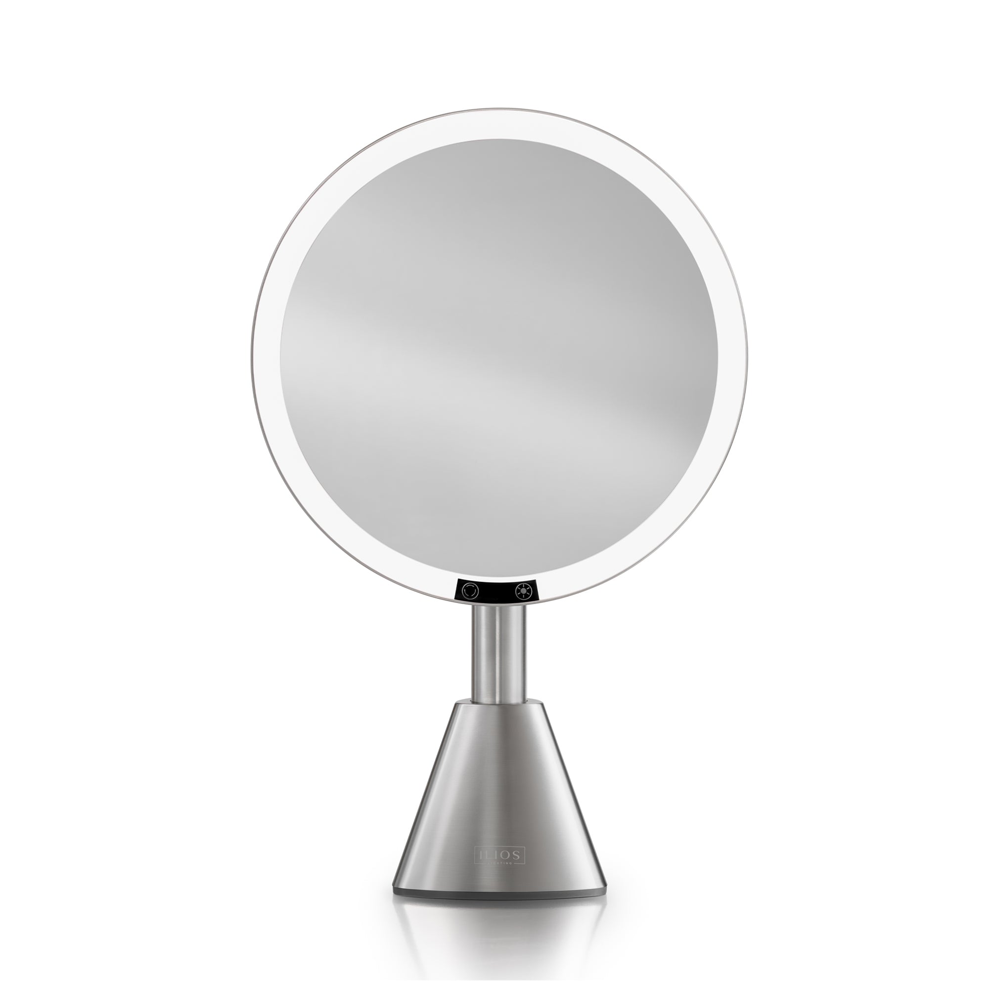 Luxury vanity mirror with light with silver base on a white background