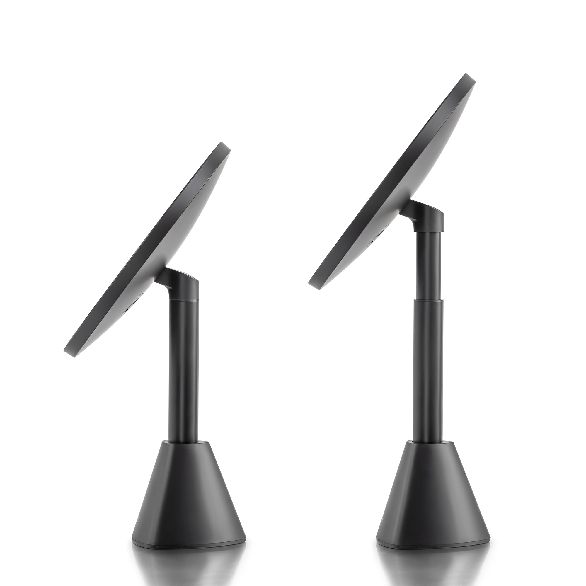 Two black adjustable illuminated vanity mirror on a white background
