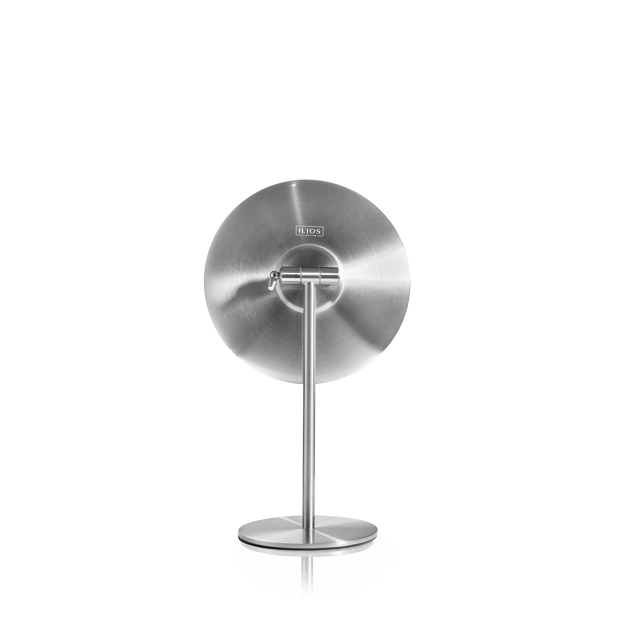 Metallic stand with circular modern 5x mirror on a white background_#Silver_Silver