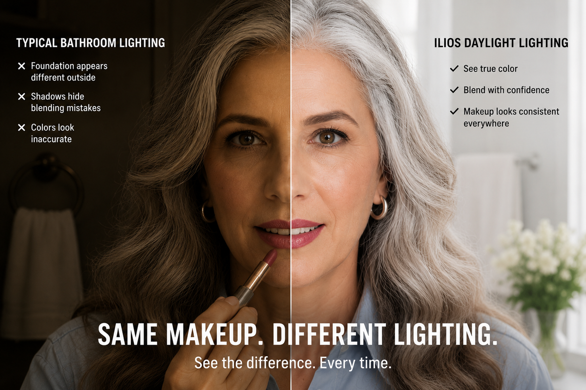 Comparison of makeup under typical bathroom lighting and ILios Daylight Lighting.