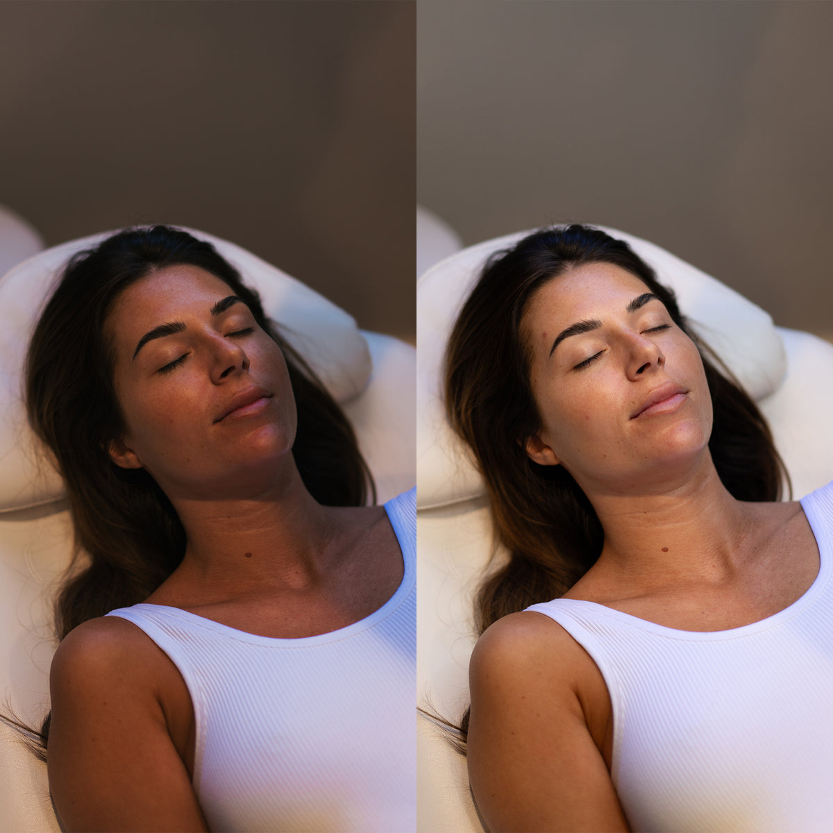 A side-by-side comparison of a woman lying down, showing slight facial and body changes between the two frames. She is wearing a white ribbed tank top and resting on a white cushion against a neutral background.