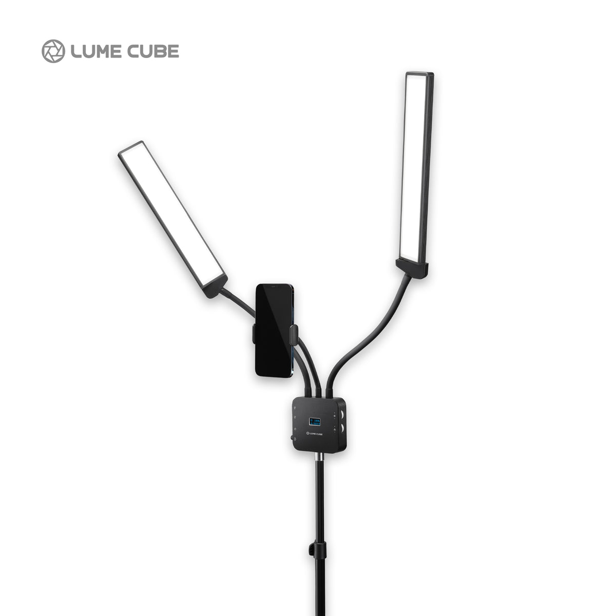 A Lume Cube dual-light studio setup with two adjustable rectangular LED light panels on flexible black arms, connected to a central control box with a USB-C port, shown on a white background.