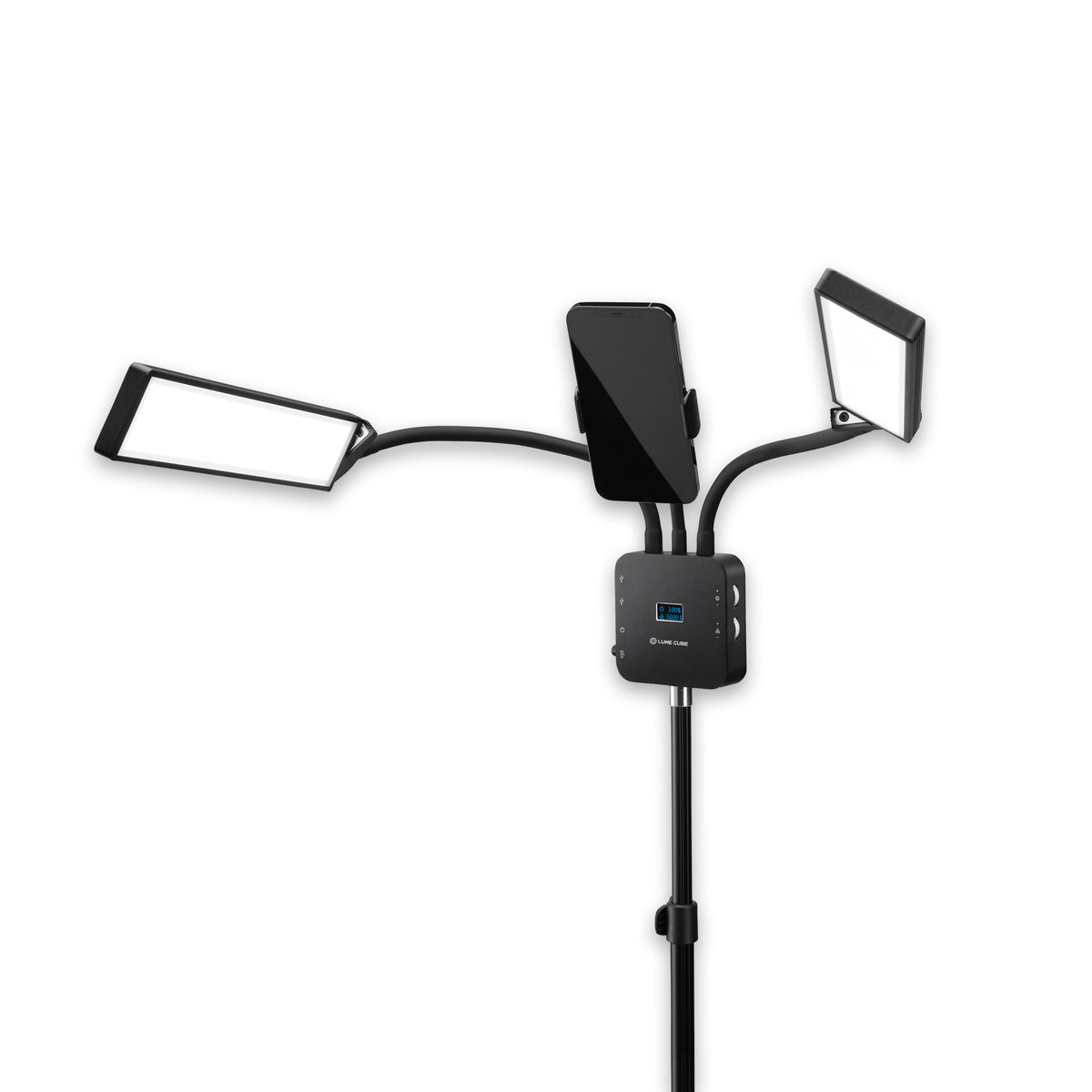 A black dual-light studio light stand with a smartphone holder in the center, one rectangular softbox on the left, and one square panel light on the right, shown on a plain white background.