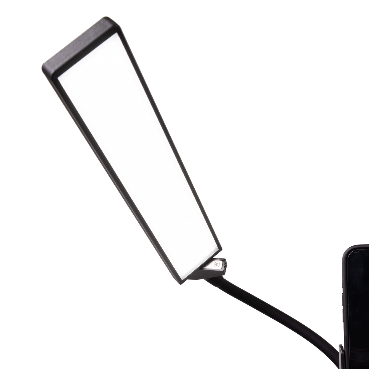 A rectangular LED light panel with a black frame and flexible black arm, shown against a plain white background with part of a smartphone visible at the lower right.