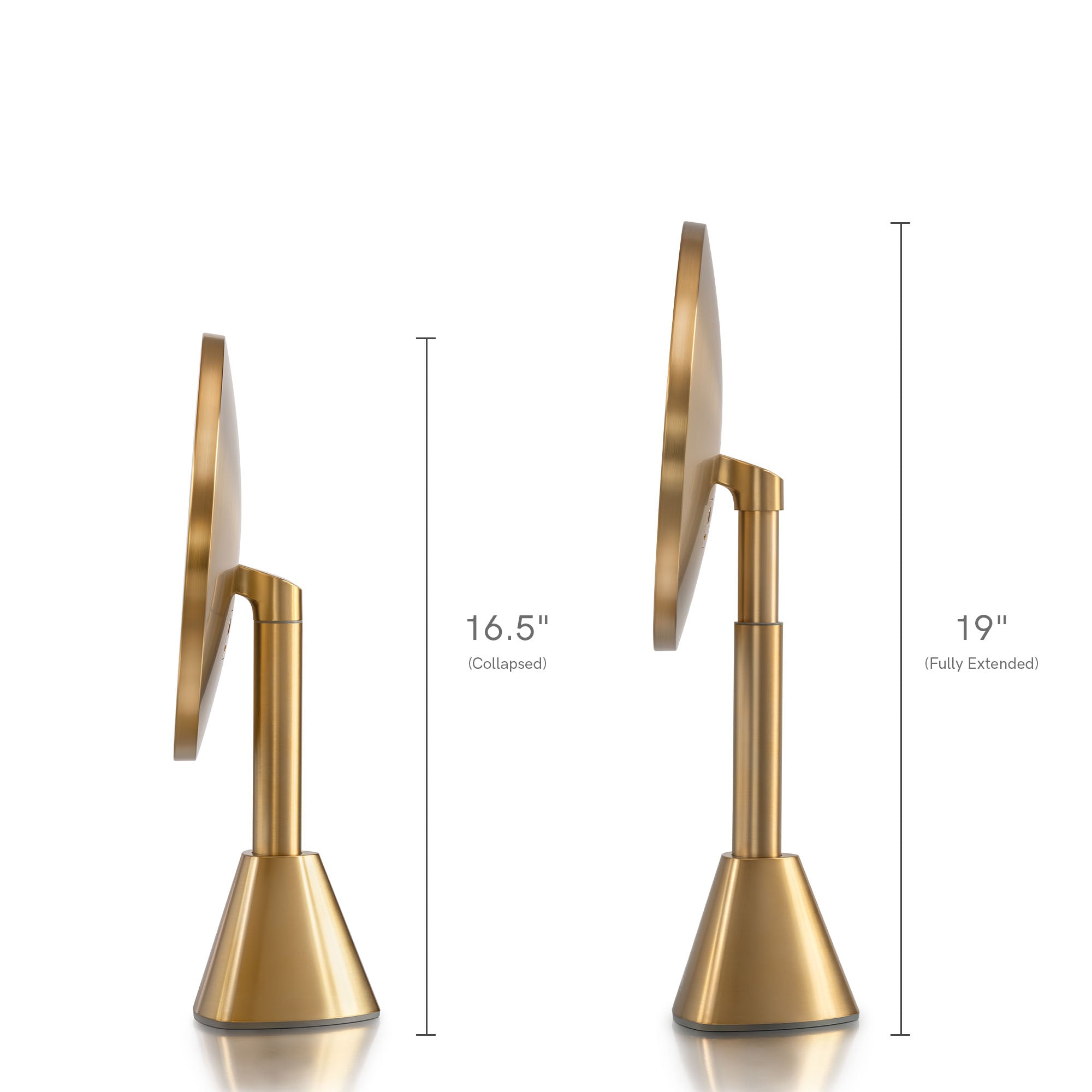 Gold high-end vanity mirror with measurements on a white background