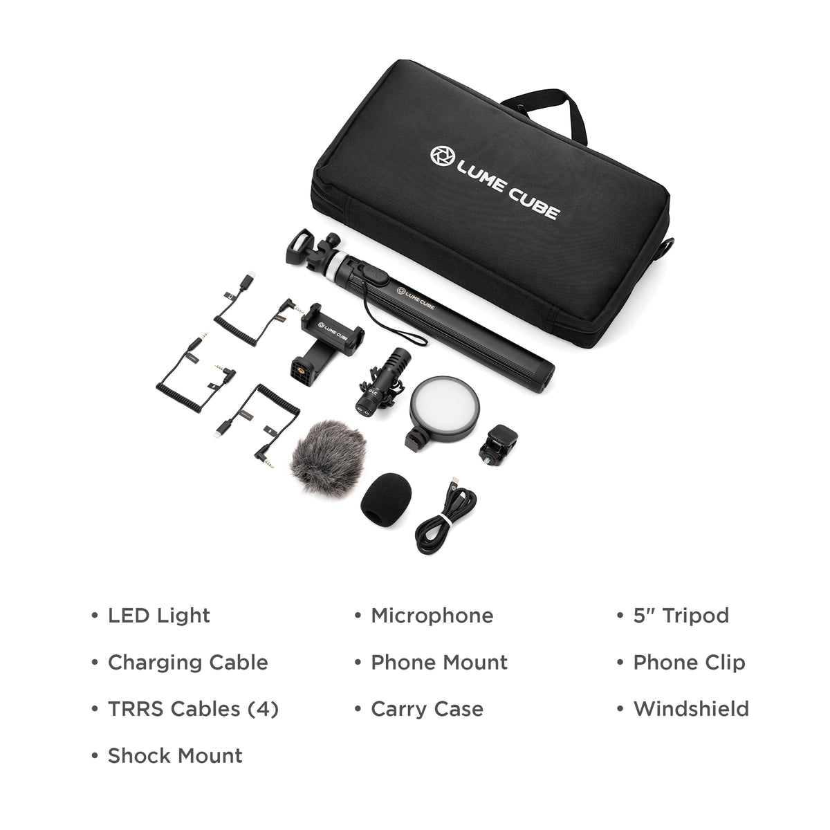 Lume Cube LED light kit with a black carrying case, tripod, microphone, phone mount, windshields, and accessories arranged on a white background with a text list of included items below.