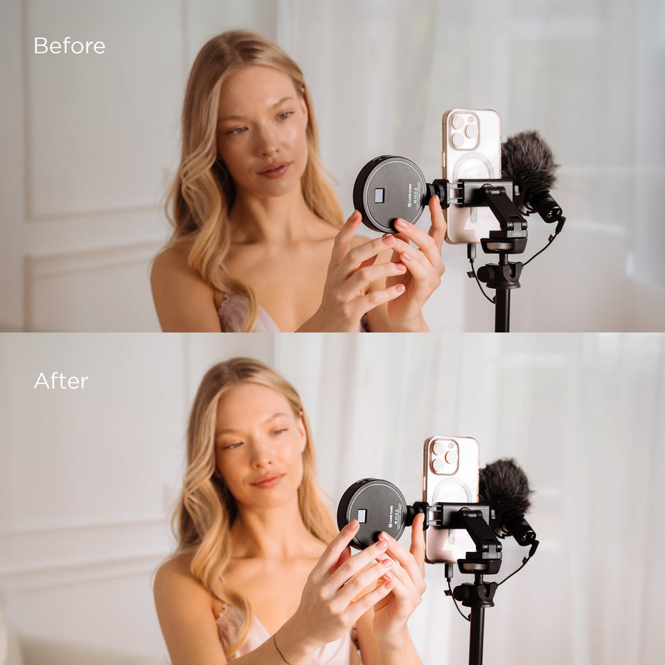 A split-screen comparison showing a woman holding a round black beauty mirror in front of her face, labeled 'Before' on the top and 'After' on the bottom. On the right, a smartphone on a stand is shown with a fuzzy microphone and cable, suggesting a beauty content setup.